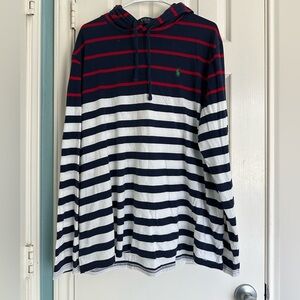 Ralph Lauren Red White Blue Striped Cotton Hooded T-Shirt size XL Green Pony